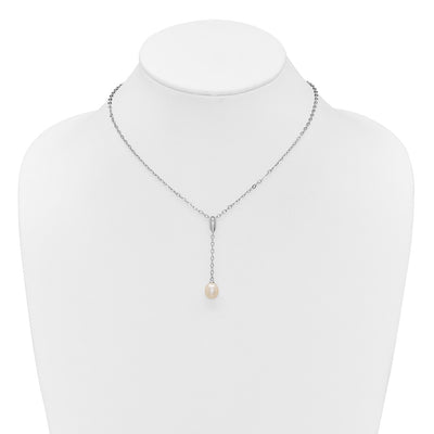 Sterling Silver Rhodium-plated Teardrop White Freshwater Cultured Pearl Y-Necklace and Chain Dangle Post Earring Set