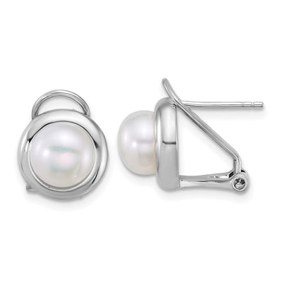 Sterling Silver Rhodium-plated Button White Freshwater Cultured Pearl Necklace and Omega Back Earring Set