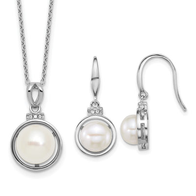 Sterling Silver Rhodium-plated Button White Freshwater Cultured Pearl and CZ Necklace and Dangle Shepherd Hook Earring Set