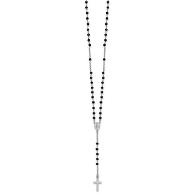 Sterling Silver Rhodium-plated Black Crystal with extender Rosary Necklace