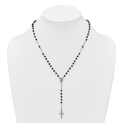 Sterling Silver Rhodium-plated Black Crystal with extender Rosary Necklace