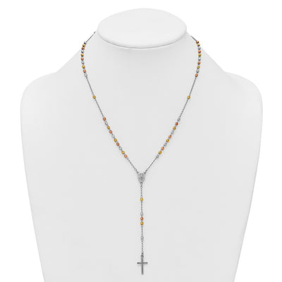 Sterling Silver Rhodium-plated Diamond-cut Tri-color Gold-plated with extender Rosary Necklace