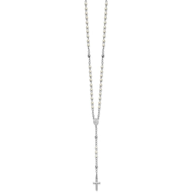 Sterling Silver Rhodium-plated Plastic Imitation Pearl with extender Rosary Necklace