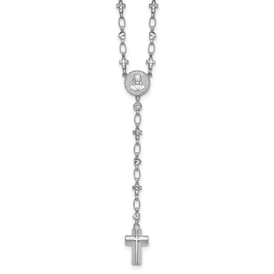 Sterling Silver Rhodium-plated CZ and Diamond-cut Heart and Cross Link with Cross Ash Holder Rosary Necklace