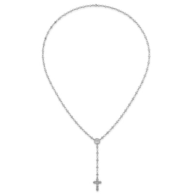 Sterling Silver Rhodium-plated Polished CZ and Diamond-cut Crosses Rosary Necklace