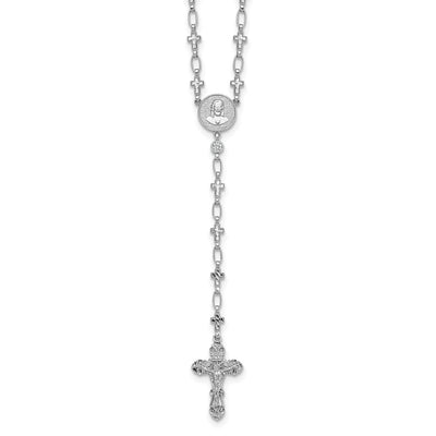 Sterling Silver Rhodium-plated Polished CZ and Diamond-cut Crosses Rosary Necklace