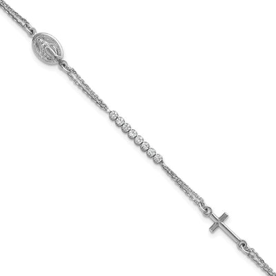 Sterling Silver Rhodium-plated Polished CZ with extender Rosary Bracelet