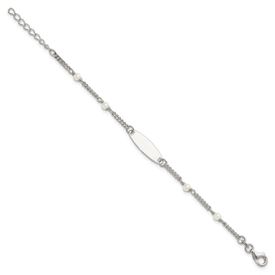 Sterling Silver Polished Curb Link and Acrylic Pearl with Extension Childrens ID Bracelet