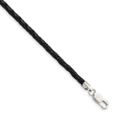 Sterling Silver Black Leather Braided Necklace, 16 x 3mm