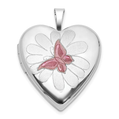 Sterling Silver RH-plate Polished/Satin Epoxy Butterfly Heart Locket