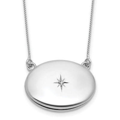 Sterling Silver Rhodium-plated Polished Front/Brushed Back 1/. Diamond with extension Oval Locket Necklace