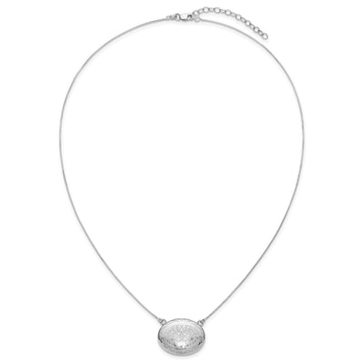 Sterling Silver Rhodium-plated Polished Front/Brushed Back with extension Oval Filigree Locket Necklace
