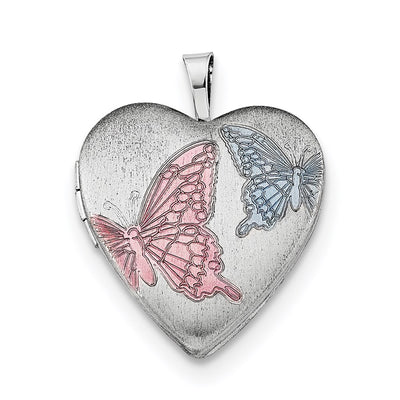 Sterling Silver RH-plated Enamel Butterflies Heart Locket Necklace