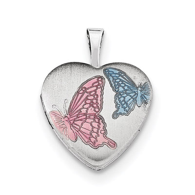 Sterling Silver RH-plated Satin Enamel Butterfly Heart Locket Necklace