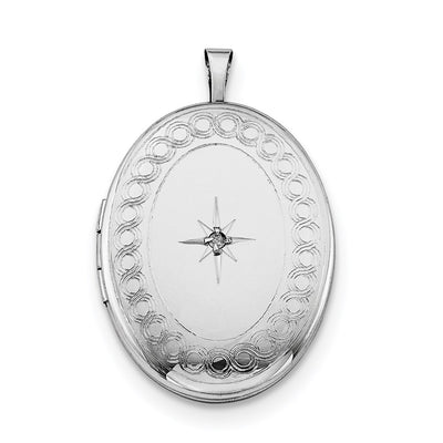 Sterling Silver Rhod-plated Circle Border Diamond Oval Locket Necklace