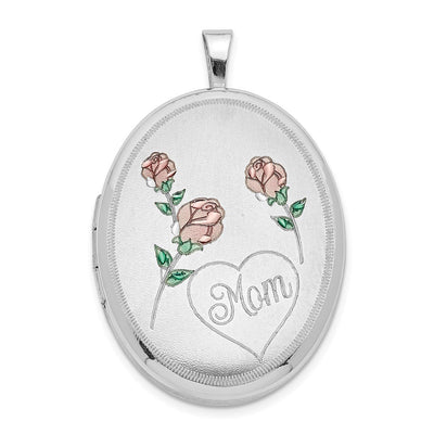 Sterling Silver RH Satin/Polished Enameled Roses Mom Oval Locket