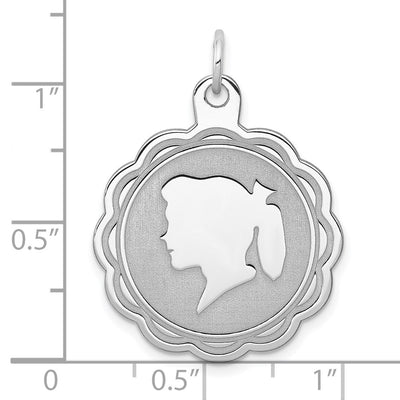 Sterling Silver Rhodium-plated Engraveable Girl Disc Charm, 29 x 23mm
