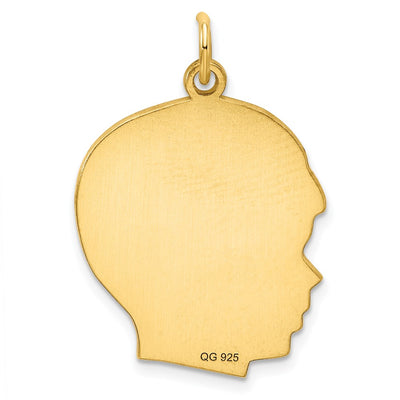Gold Plated Sterling Silver Facing Left Engravable Boy Head Charm, Satin Back, 0.89mm Thick, 32 x 21mm