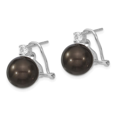 Majestik Sterling Silver Rhodium-plated Black Imitation Shell Pearl and CZ Omega Back Earrings