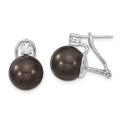 Majestik Sterling Silver Rhodium-plated Black Imitation Shell Pearl and CZ Omega Back Earrings