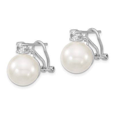 Majestik Sterling Silver Rhodium-plated White Shell Imitation Pearl and Clear CZ Omega Back Post Earrings