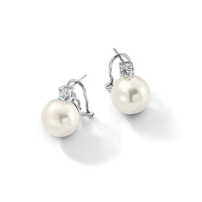 Majestik Sterling Silver Rhodium-plated White Shell Imitation Pearl and Clear CZ Omega Back Post Earrings