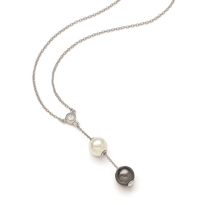 Majestik Sterling Silver Rhodium-plated White and Grey Imitation Shell Pearl and CZ Spring Ring Clasp Necklace