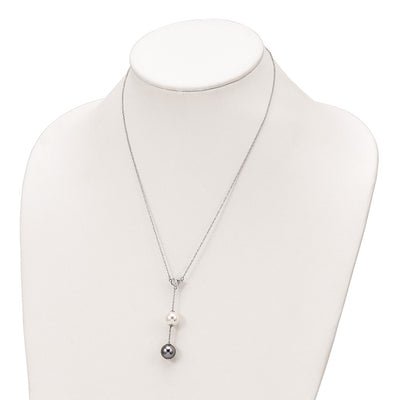 Majestik Sterling Silver Rhodium-plated White and Grey Imitation Shell Pearl and CZ Spring Ring Clasp Necklace