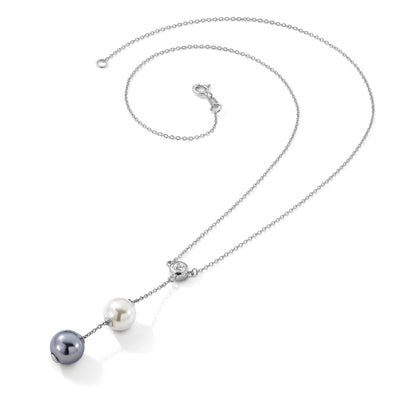 Majestik Sterling Silver Rhodium-plated White and Grey Imitation Shell Pearl and CZ Spring Ring Clasp Necklace