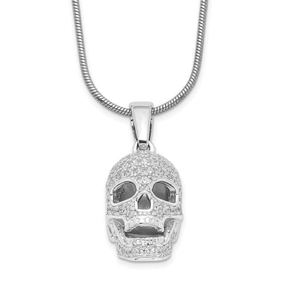 Brilliant Embers Sterling Silver Rhodium-plated 88 Stone Micro Pavé CZ Polished Skull Necklace with Extender