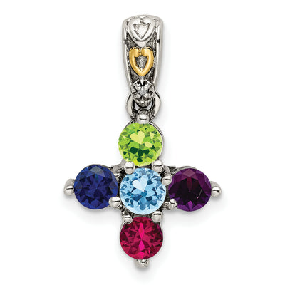 Sterling Silver Antiqued w/14K 5-stone w/Diamond Mothers Pendant Semi-Mount, 14 x 14mm