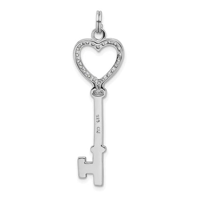 Sterling Silver Rhodium-plated CZ Heart Key Pendant, 49 x 14mm