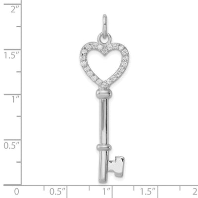 Sterling Silver Rhodium-plated CZ Heart Key Pendant, 49 x 14mm