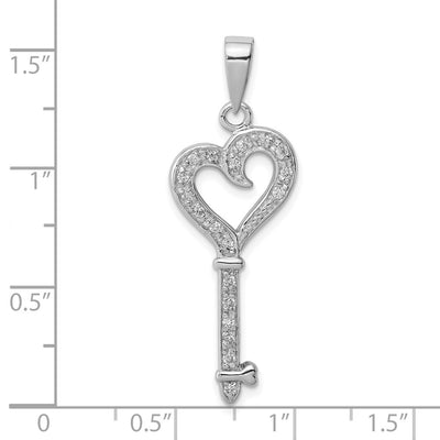 Sterling Silver Rhodium-plated CZ Heart Key Pendant, 39 x 14mm