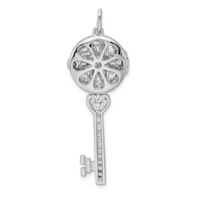 Sterling Silver Rhodium-plated CZ Filigree Locket Key Pendant