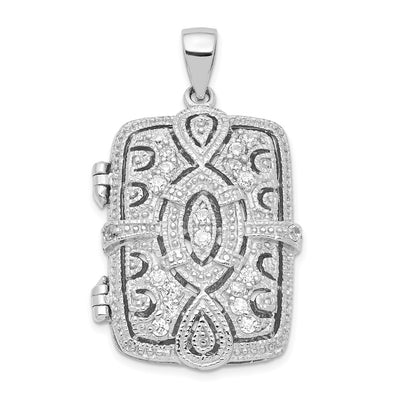 Sterling Silver Rhodium-plated Fancy CZ Rectangle Locket Pendant
