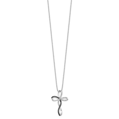 White Night Sterling Silver Rhodium-plated Black and White Diamond Cross Necklace with Extender, 18 x 20mm