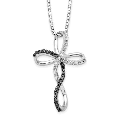 White Night Sterling Silver Rhodium-plated Black and White Diamond Cross Necklace with Extender, 18 x 20mm