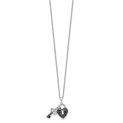 White Night Sterling Silver Rhodium-plated Black and White Diamond Heart and Key Necklace with Extender
