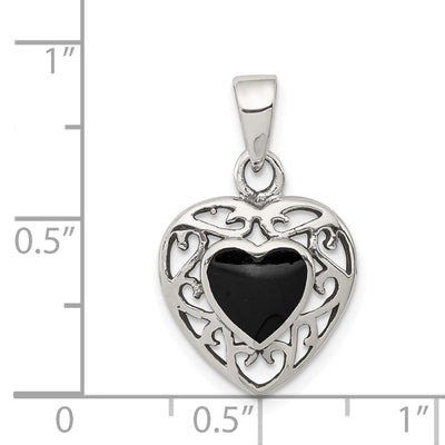 Sterling Silver Filigree Frame Onyx Heart Antiqued Heart Pendant