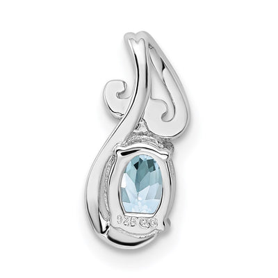 Sterling Silver Rhodium Plated Dia. & Aquamarine Oval Pendant, 15 x 7mm