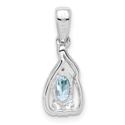 Sterling Silver Rhodium Plated Dia. & Aquamarine Oval Pendant, 21 x 8mm