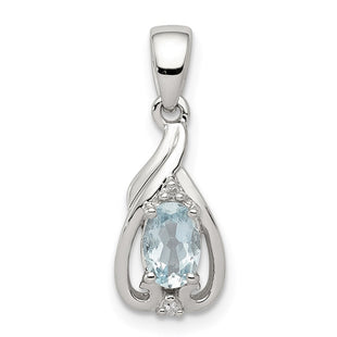Sterling Silver Rhodium Plated Dia. & Aquamarine Oval Pendant (Style QP2982AQ)