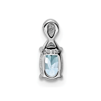 Sterling Silver Rhodium Plated Dia. & Aquamarine Oval Pendant, 10 x 4mm