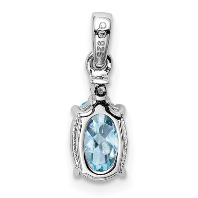 Sterling Silver Rhodium Plated Diamond Aquamarine Oval Pendant, 15 x 5mm
