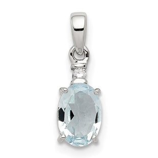 Sterling Silver Rhodium Plated Diamond Aquamarine Oval Pendant (Style QP3054AQ)