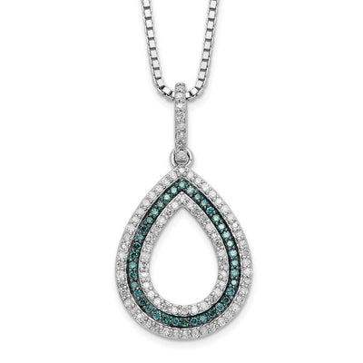 White Night Sterling Silver Rhodium-plated Blue and White Diamond Teardrop Necklace with Extender, 18 x 14.5mm
