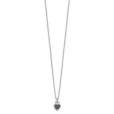 White Night Sterling Silver Rhodium-plated White and Black Diamond Heart Necklace with Extender, 18 x 8.5mm