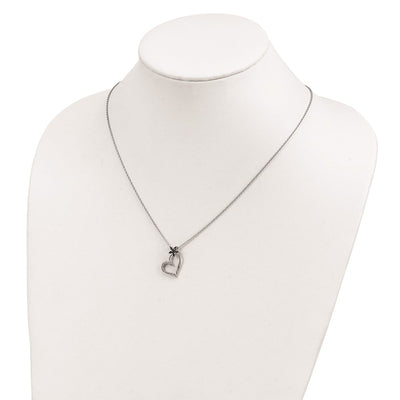 White Night Sterling Silver Rhodium-plated Black and White Diamond Heart with Flower Necklace with Extender