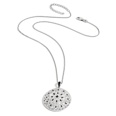 White Night Sterling Silver Rhodium-plated Black Diamond Circle Pendant Necklace with Extender